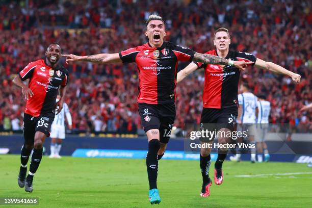 Luis Reyes of Atlas celebrates after scoring his team's first goal during the final first leg match between Atlas and Pachuca as part of the Torneo...