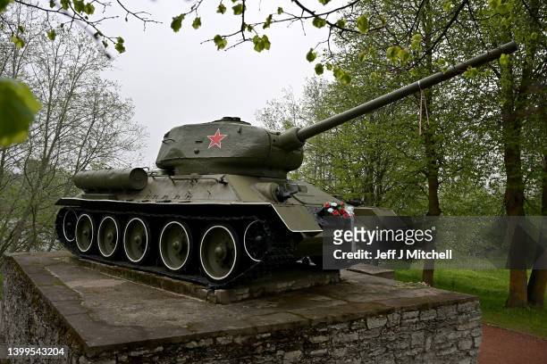Tank memorial from WWII showing where the Red Army crossed into Estonia in 1944 on May 27, 2022 in Narva, Estonia. The town of Narva sits on the very...