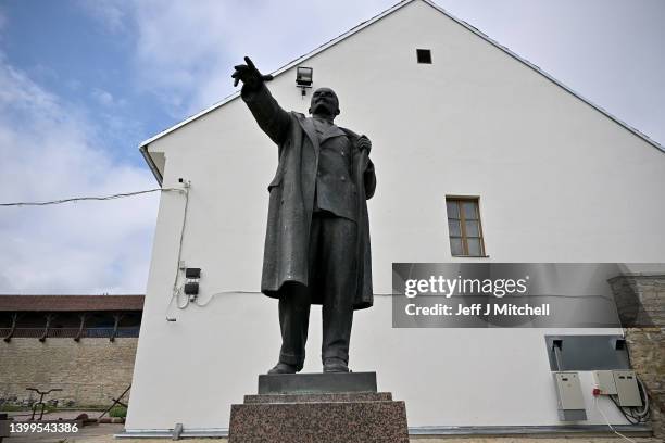 The Lenin statue stands near the border crossing from Estonia into Russia over the Narva River on May 27, 2022 in Narva, Estonia. The town of Narva...