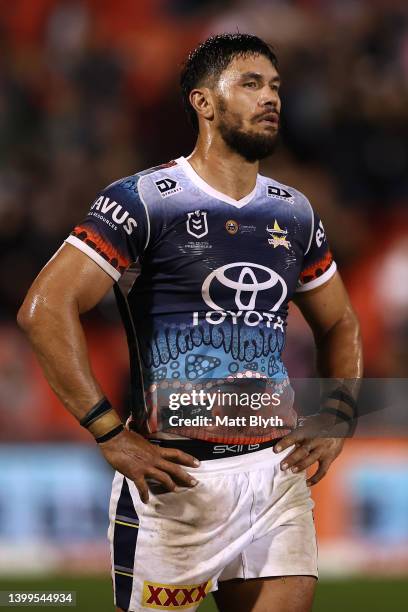 Jordan McLean of the Cowboys reacts at full-time followingthe round 12 NRL match between the Penrith Panthers and the North Queensland Cowboys at...