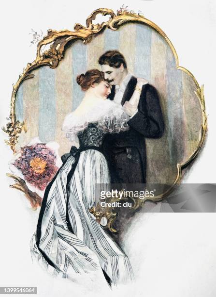 stockillustraties, clipart, cartoons en iconen met the engagement kiss - 19th century couple