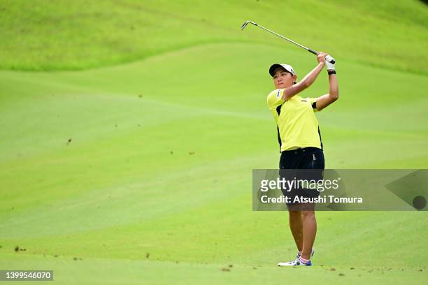 Mao Nozawa of Japan hits her second shot on the 14th hole during the second round of Resorttrust Ladies at Maple Point Golf Club on May 27, 2022 in...