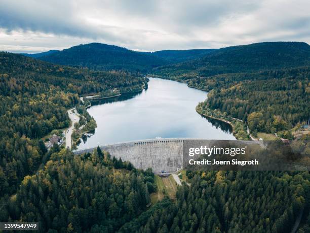 high angle view of dam in the black forest - wasserkraft stock-fotos und bilder