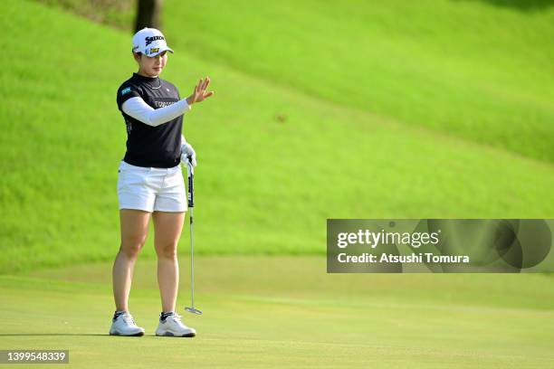 Sakura Koiwai of Japan lines up a putt on the 9th green during the second round of Resorttrust Ladies at Maple Point Golf Club on May 27, 2022 in...