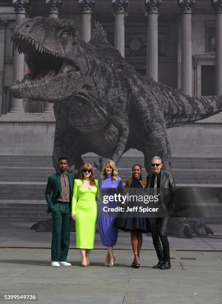 Mamoudou Athie, Bryce Dallas Howard, Laura Dern, DeWanda Wise and Jeff Goldblum attend the "Jurassic World Dominion" photocall at Trafalgar Square on...