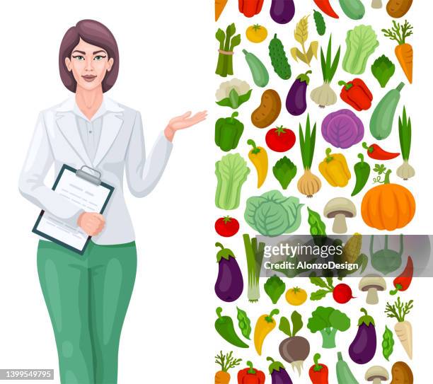 bildbanksillustrationer, clip art samt tecknat material och ikoner med nutritionist doctor showing vegetables. dietician recommending healthy food. - female eating chili