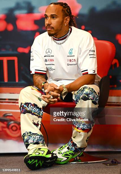 Lewis Hamilton of Great Britain and Mercedes looks on in the Drivers Press Conference prior to practice ahead of the F1 Grand Prix of Monaco at...