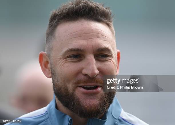 Brendon McCullum, England Men's Test team head coach looks on at Lord's Cricket Ground on May 27, 2022 in London, England.