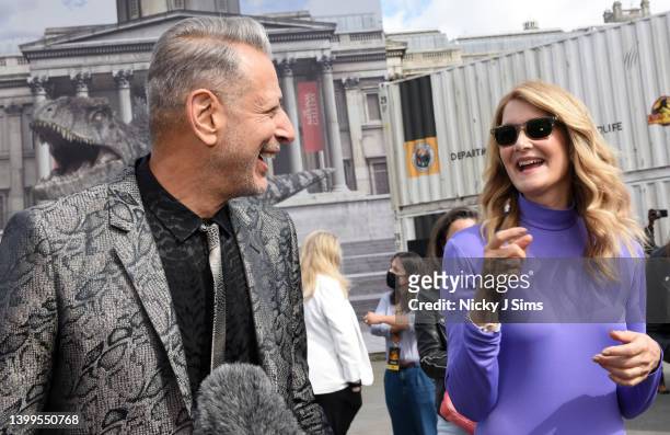 Jeff Goldblum and Laura Dern attend the "Jurassic World Dominion" photocall at Trafalgar Square on May 27, 2022 in London, England.