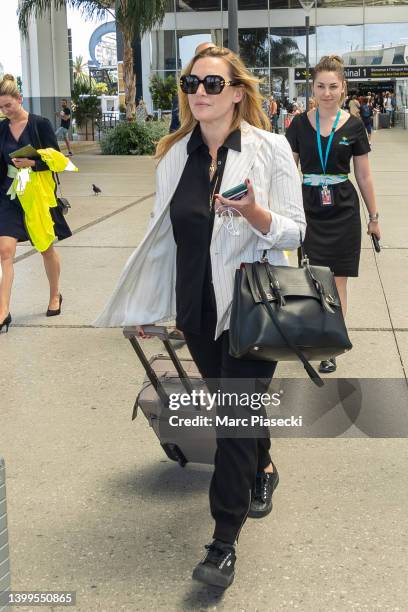 Actress Kate Winslet is seen arriving ahead of the 75th annual Cannes film festival at Nice Airport on May 27, 2022 in Nice, France.