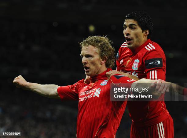 Dirk Kuyt of Liverpool celebrates with Luis Suarez as he scores their second goal during the Carling Cup Final match between Liverpool and Cardiff...