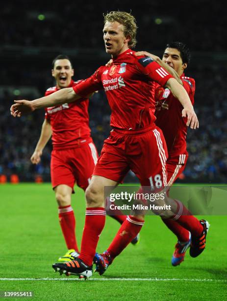 Dirk Kuyt of Liverpool celebrates with Stewart Downing and Luis Suarez as he scores their second goal during the Carling Cup Final match between...