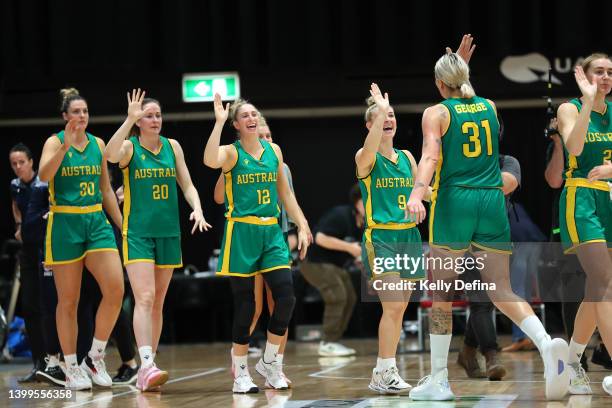 Opals celebrate victory during game one of the International Women's Series between the Australian Opals and Japan at Quay Centre on May 27, 2022 in...