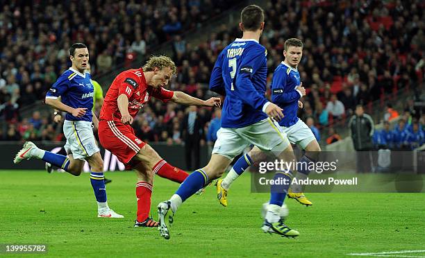 Dirk Kuyt of Liverpool scores to make it 2-1 to Liverpool during the Carling Cup Final match between Liverpool and Cardiff City at Wembley Stadium on...