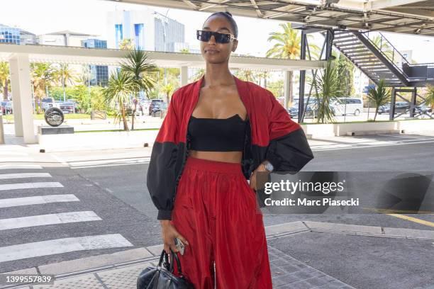 Model Jourdan Dunn is seen departing the 75th annual Cannes film festival at Nice Airport on May 27, 2022 in Nice, France.