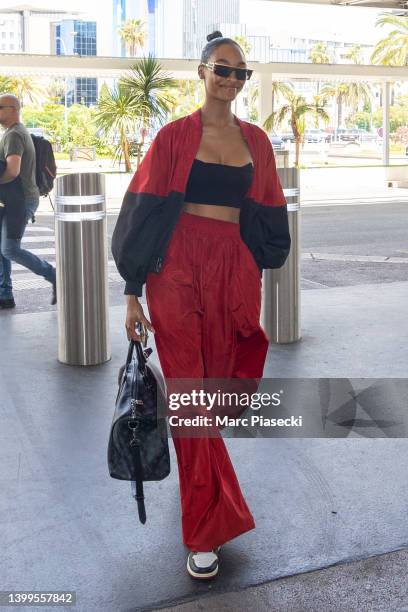 Model Jourdan Dunn is seen departing the 75th annual Cannes film festival at Nice Airport on May 27, 2022 in Nice, France.