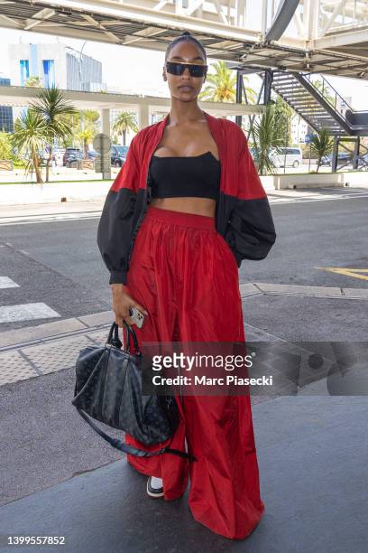 Model Jourdan Dunn is seen departing the 75th annual Cannes film festival at Nice Airport on May 27, 2022 in Nice, France.