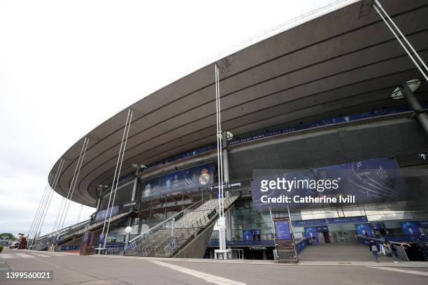 General view outside the Stade de France on May 27, 2022 in Paris, France. Liverpool will face Real Madrid in the UEFA Champions League final on May...