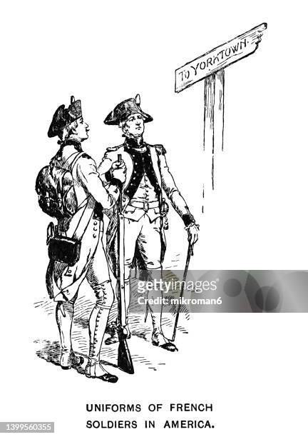 old engraved illustration of uniforms of french soldiers in america - csa archive stock-fotos und bilder