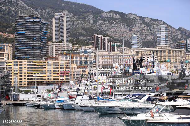 General view of boats in the harbour during practice ahead of the F1 Grand Prix of Monaco at Circuit de Monaco on May 27, 2022 in Monte-Carlo, Monaco.