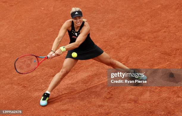Angelique Kerber of Germany plays a backhand against Aliaksandra Sasnovich during the Women's Singles Third Round match on Day 6 of The 2022 French...