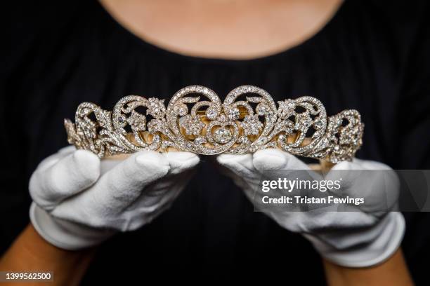 The Spencer Tiara, worn by Princess Diana on her wedding day, goes on view at Sotheby's on May 27, 2022 in London, England. Sotheby’s blockbuster...