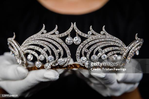 An important diamond waveform tiara, Cartier, 1904 goes on view at Sotheby's on May 27, 2022 in London, England. Sotheby’s blockbuster exhibitions...