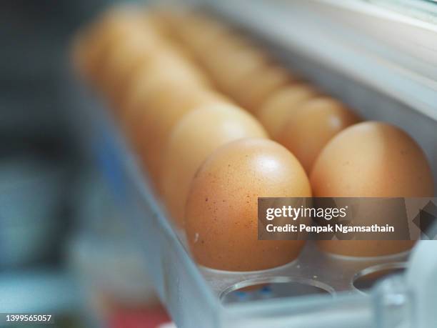 chicken eggs arranged in a tray in the refrigerator - egg tray refrigerator stock pictures, royalty-free photos & images