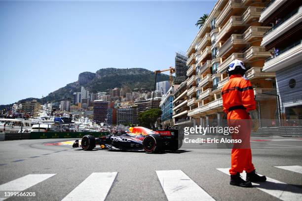 Sergio Perez of Mexico driving the Oracle Red Bull Racing RB18 on track during practice ahead of the F1 Grand Prix of Monaco at Circuit de Monaco on...