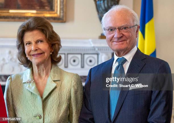 Carl XVI Gustaf, King of Sweden, and Queen Silvia of Sweden attend the signing of a Memorandum of Understanding on Life Sciences on May 27, 2022 in...