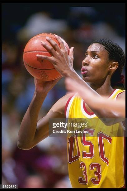 Lisa Leslie of the Southern California Trojans stands at the foul line during a game against the UCLA Bruins. Southern California won the game 73-60....