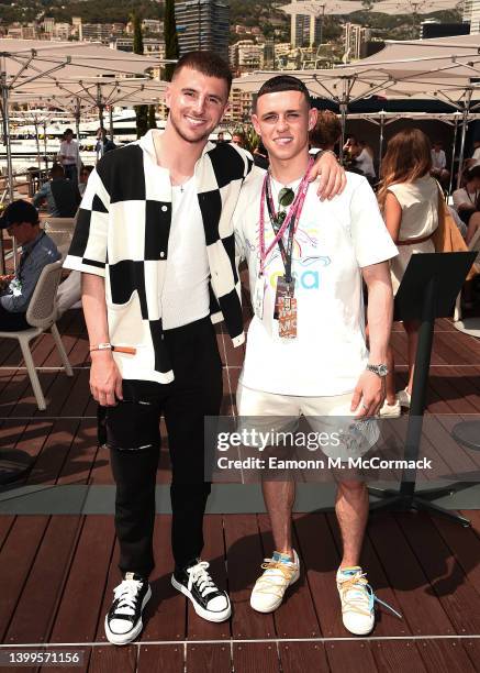 Mason Mount and Phil Foden at the Red Bull Racing Energy Station during the F1 Grand Prix of Monaco at Circuit de Monaco on May 27, 2022 in...