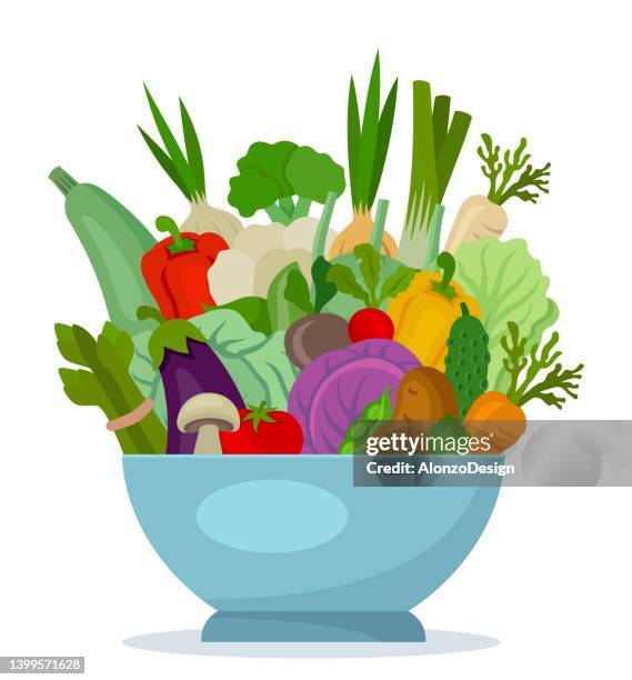 gemüseschüssel. veganes essen. - salad bowl stock-grafiken, -clipart, -cartoons und -symbole