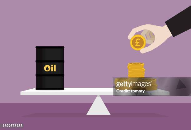 原油とレバーに英国ポンド硬貨を積み重ねる - 北海点のイラスト素材／クリップアート素材／マンガ素材／アイコン素材