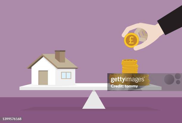 house and stack of a uk pound coin on the lever - commercial real estate 幅插畫檔、美工圖案、卡通及圖標