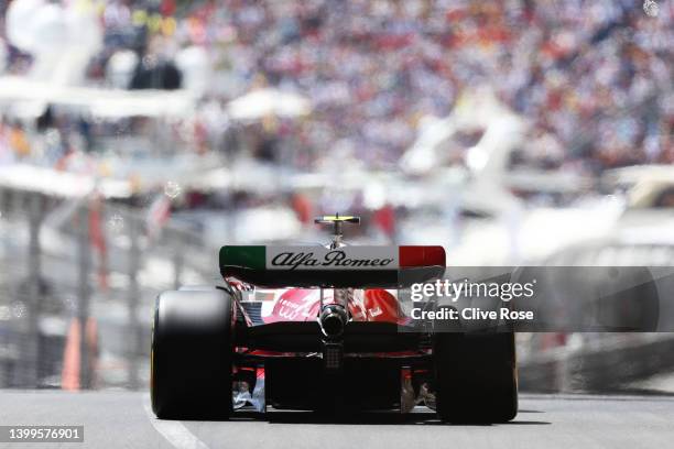 Zhou Guanyu of China driving the Alfa Romeo F1 C42 Ferrari on track during practice ahead of the F1 Grand Prix of Monaco at Circuit de Monaco on May...