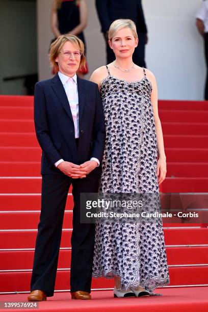 Kelly Reichardt and Michelle Williams attend the screening of "Showing Up" during the 75th annual Cannes film festival at Palais des Festivals on May...