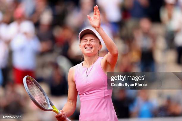 Aliaksandra Sasnovich celebrates after winning match point against Angelique Kerber of Germany during the Women's Singles Third Round match on Day 6...