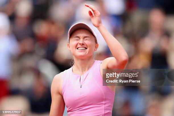 Aliaksandra Sasnovich celebrates after winning match point against Angelique Kerber of Germany during the Women's Singles Third Round match on Day 6...