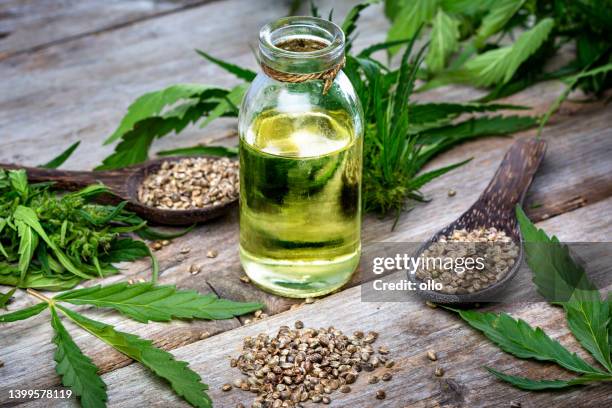 semilla de cáñamo en cucharas de madera y aceite sobre mesa de madera rústica - hemp seed fotografías e imágenes de stock