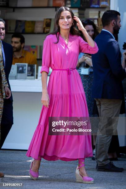 Queen Letizia of Spain attends the opening of the Madrid Book Fair 2022 at the Retiro Park on May 27, 2022 in Madrid, Spain.