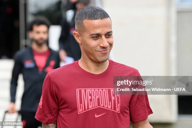 Thiago Alcantara of Liverpool smiles during the Liverpool FC arrival on May 27, 2022 in Paris, France. Liverpool FC will face Real Madrid in the UEFA...