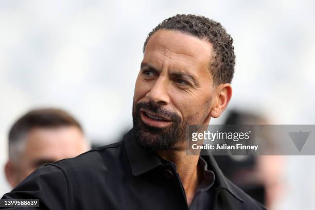 Rio Ferdinand of BT Sport looks on prior to the Liverpool FC Training Session at Stade de France on May 27, 2022 in Paris, France. Liverpool will...