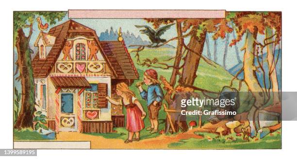 stockillustraties, clipart, cartoons en iconen met hänsel and gretel fairy tale at gingerbread house art nouveau illustration - hänsel and gretel