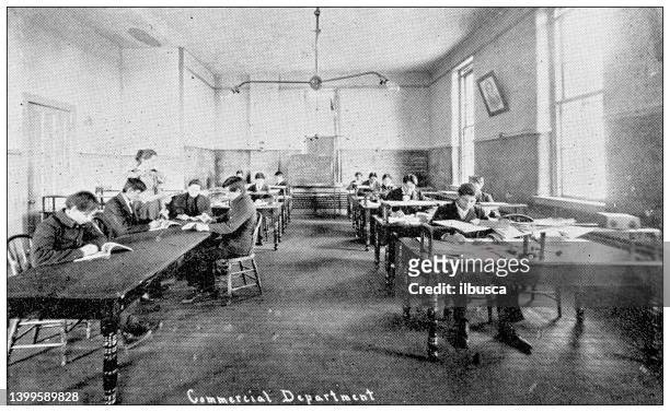 antique photograph from lawrence, kansas, in 1898: haskell institute, commercial department - archival classroom stock illustrations