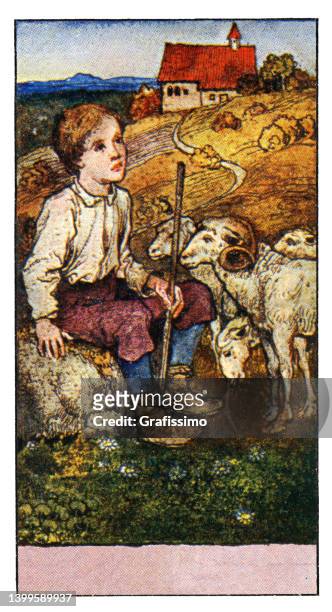 農場のアールヌーボー様式のイラストで羊と若い男の子の羊飼い - クロモリトグラフ点のイラスト素材／クリップアート素材／マンガ素材／アイコン素材