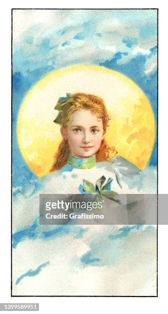 stockillustraties, clipart, cartoons en iconen met woman with yellow sun and clouds art nouveau illustration - 1900s woman