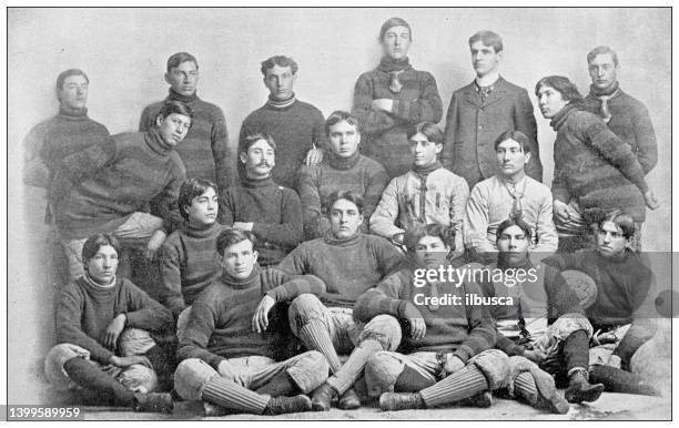 ilustraciones, imágenes clip art, dibujos animados e iconos de stock de fotografía antigua de lawrence, kansas, en 1898: equipo de fútbol del instituto haskell 1897 - old american football