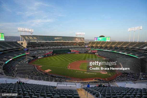 General view during a game between the Minnesota Twins and Oakland Athletics on May 17, 2022 at RingCentral Coliseum in Oakland, California.