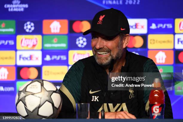 Jurgen Klopp manager of Liverpool during a press conference before the UEFA Champions League Final at Stade de France on May 27, 2022 in Paris,...